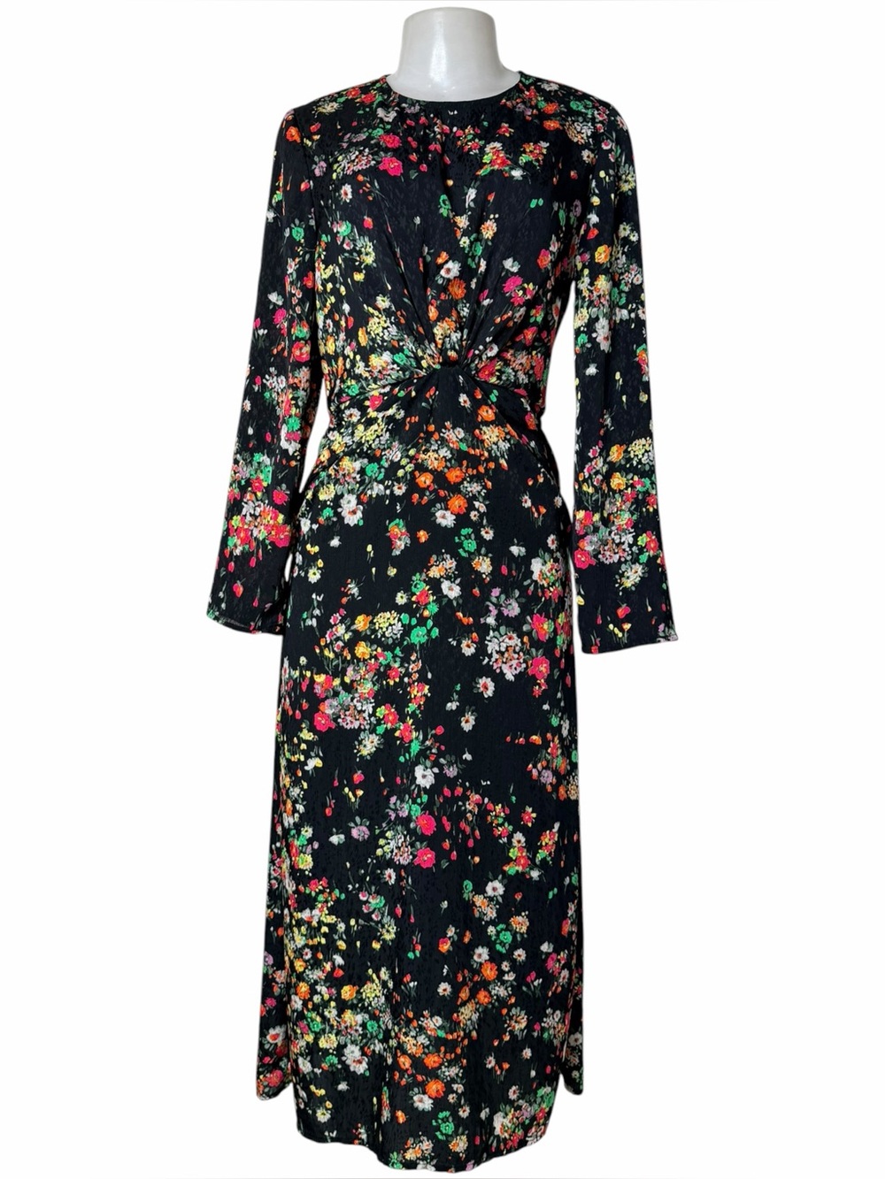 H&M Floral Midi Dress XS Black Long Sleeve Twist Front Romantic Chic